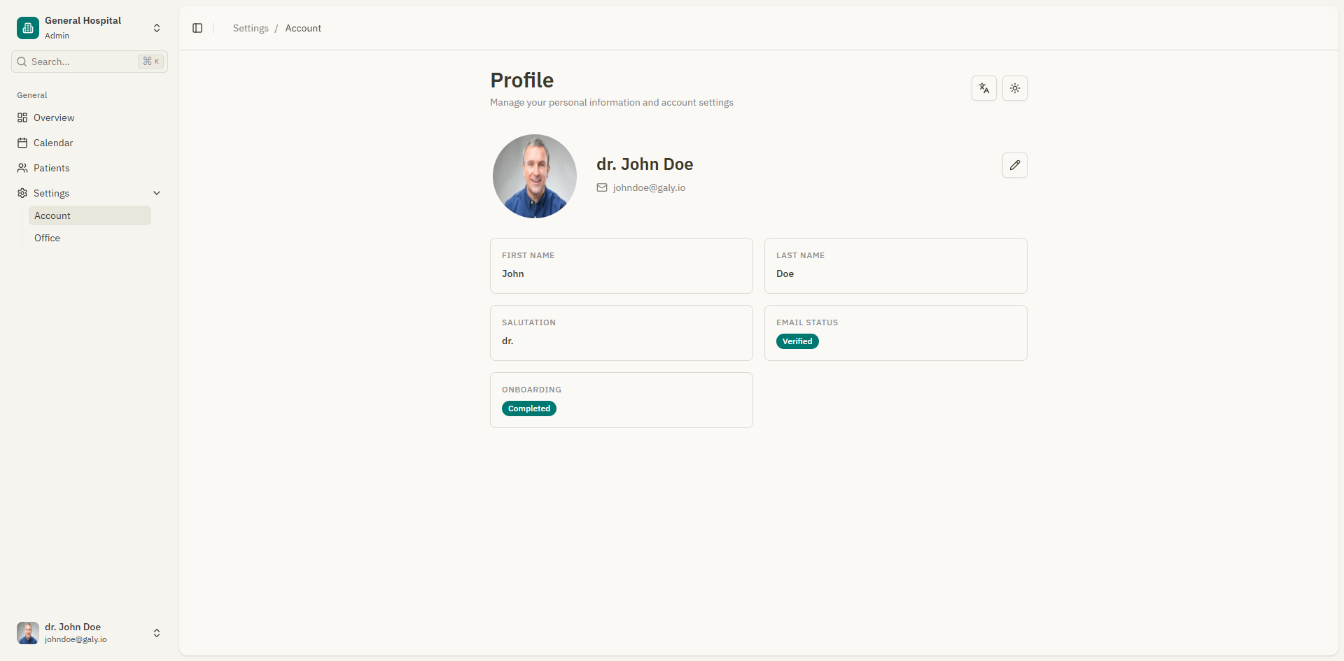 Screenshot: Account settings page showing profile and password sections