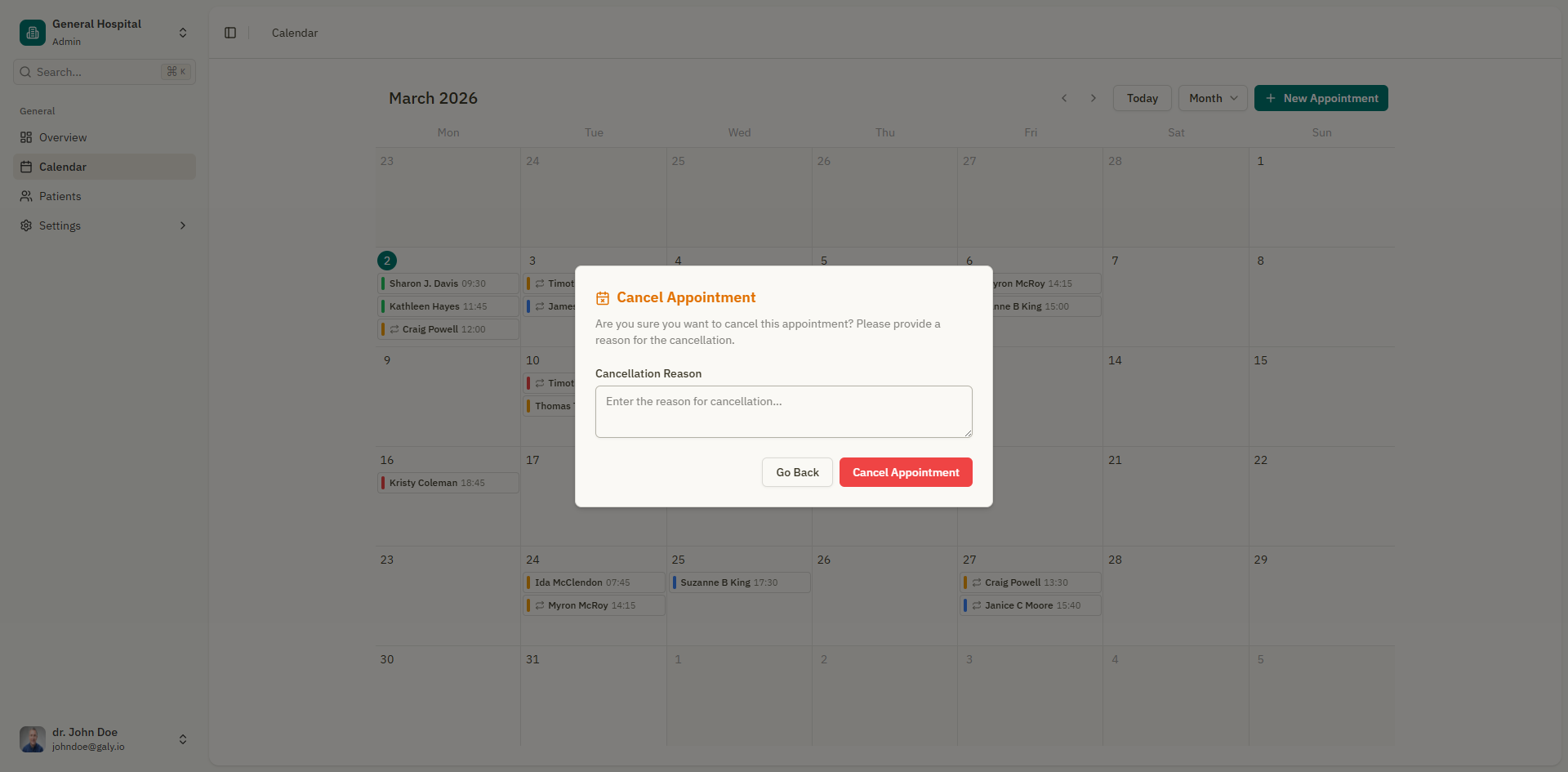 Cancelled appointment dialog