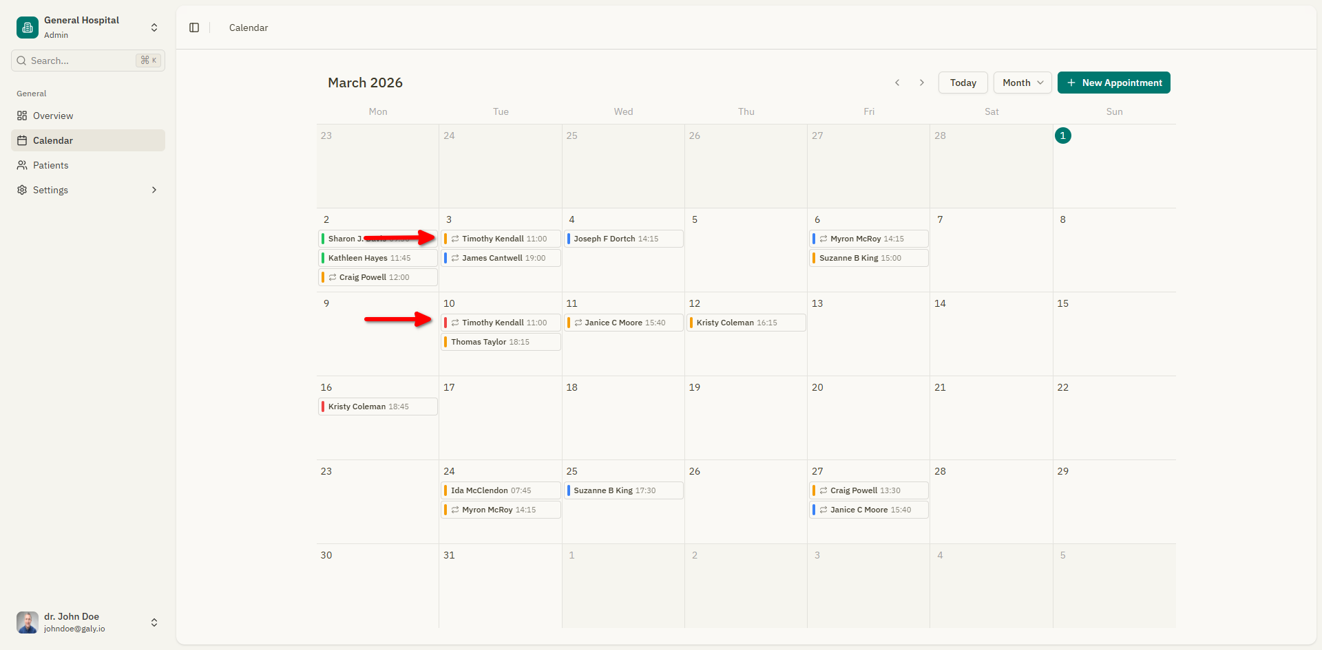 Calendar showing recurring appointment series