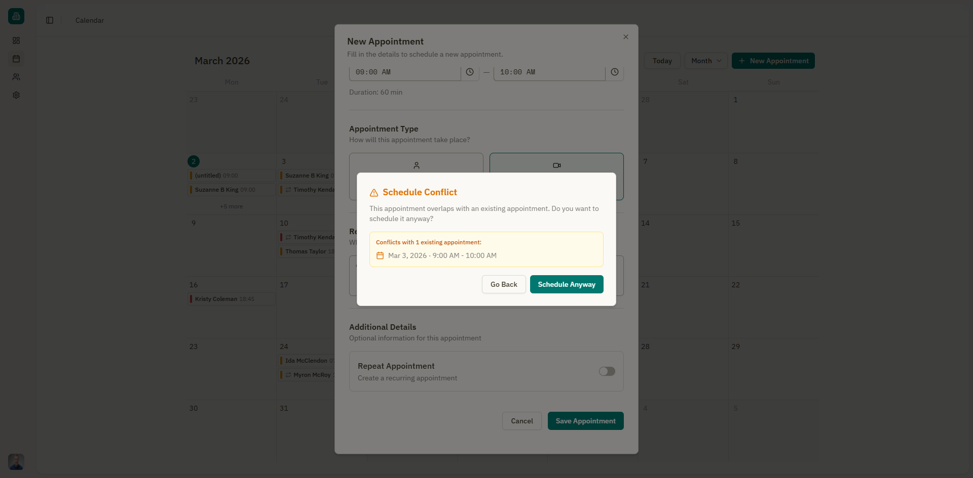 Schedule conflict dialog