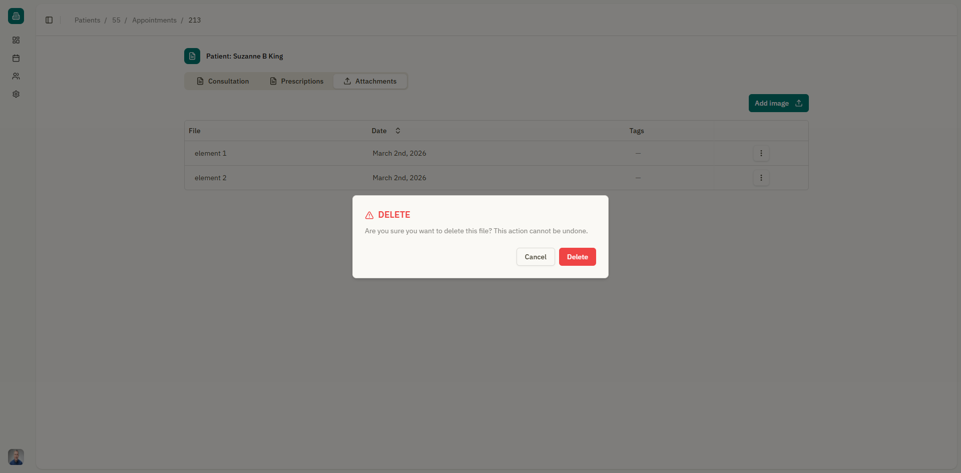 Screenshot: Attachment deletion confirmation dialog