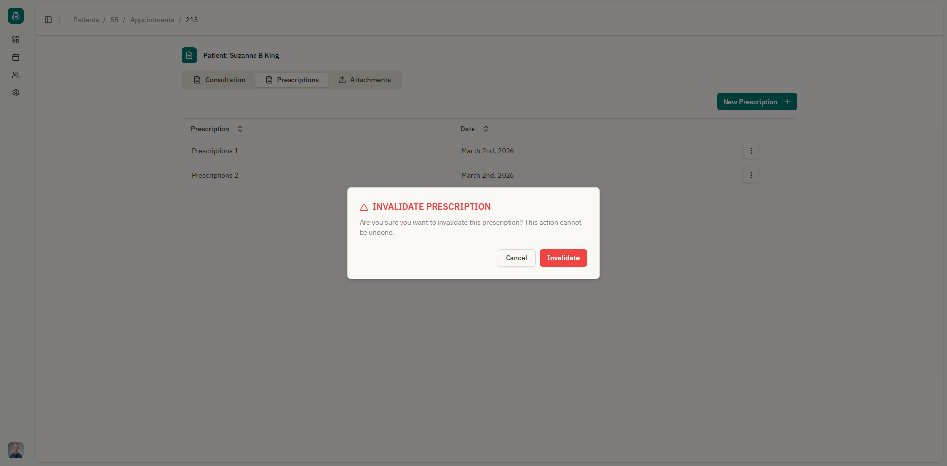 Screenshot: Invalidate prescription confirmation