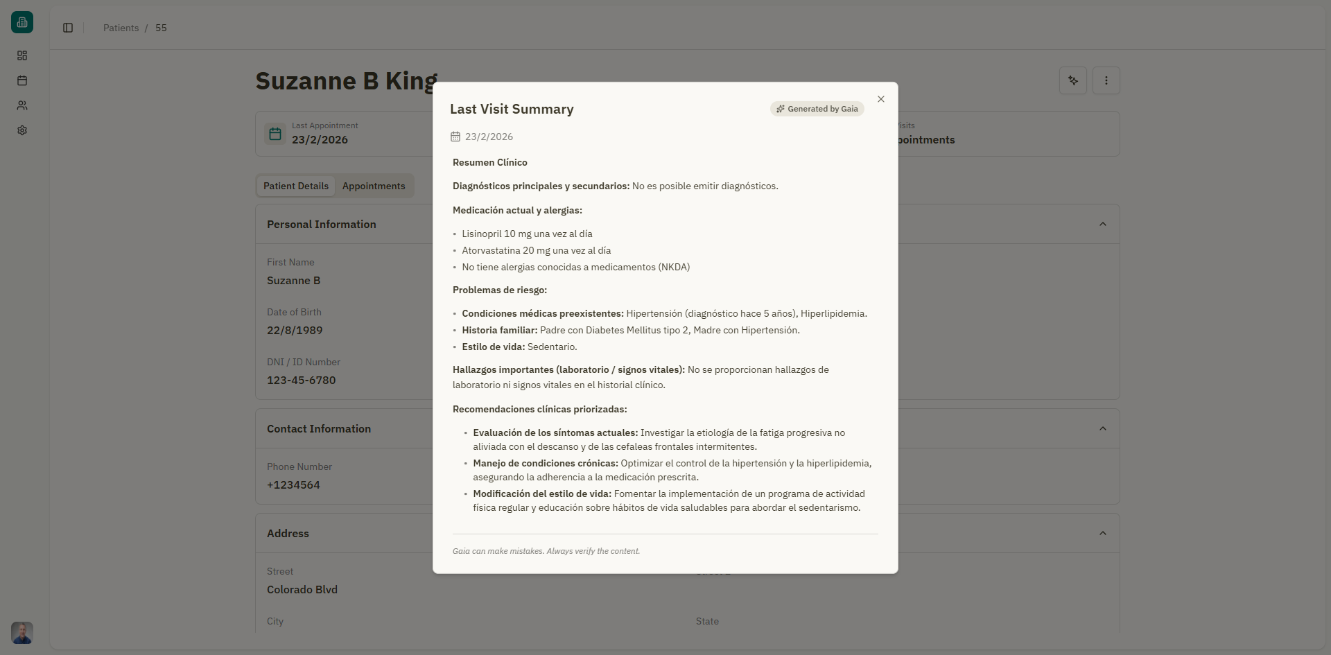 AI summary section on patient details page