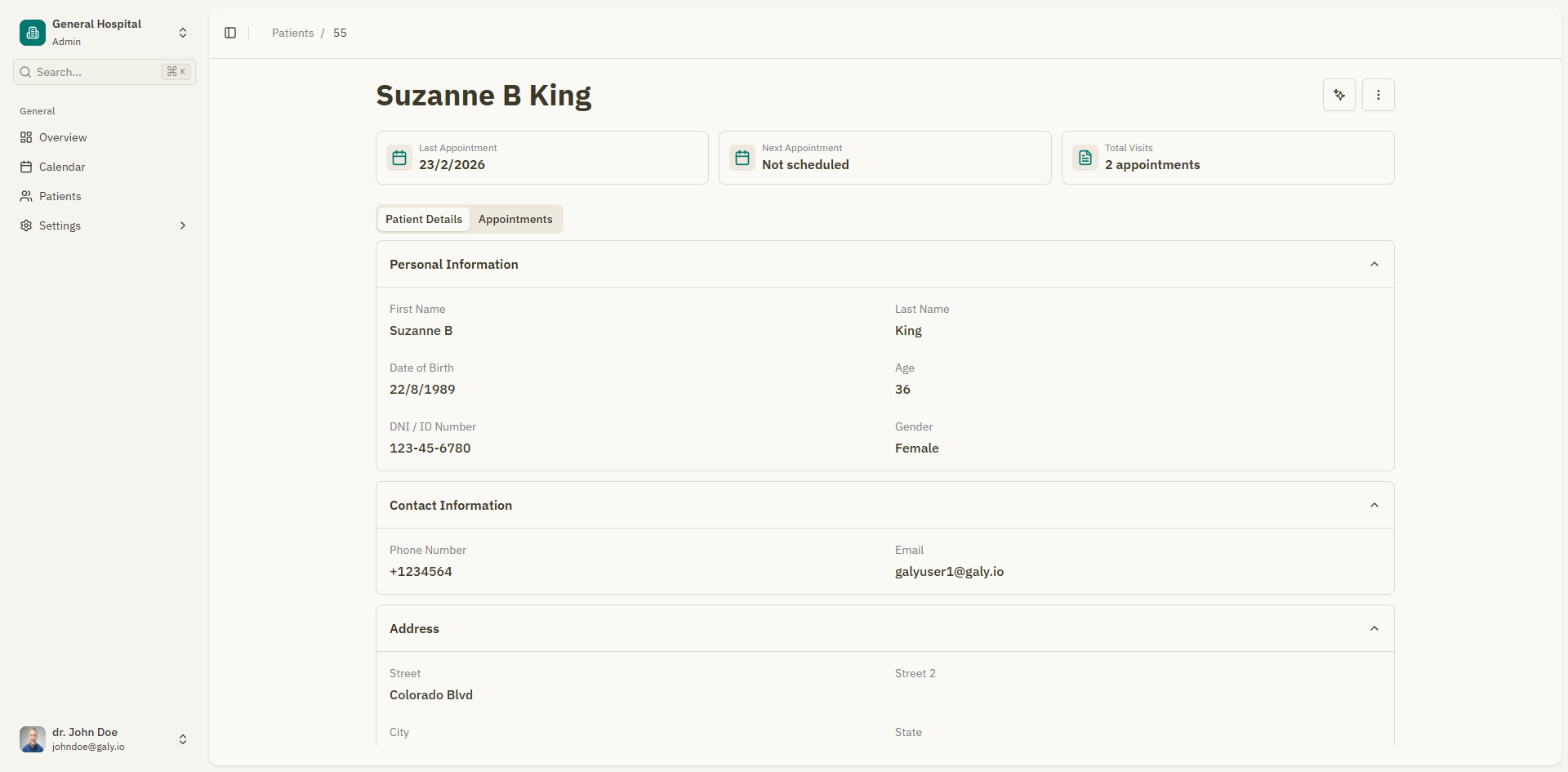 Patient details page with header, metrics, and tabs