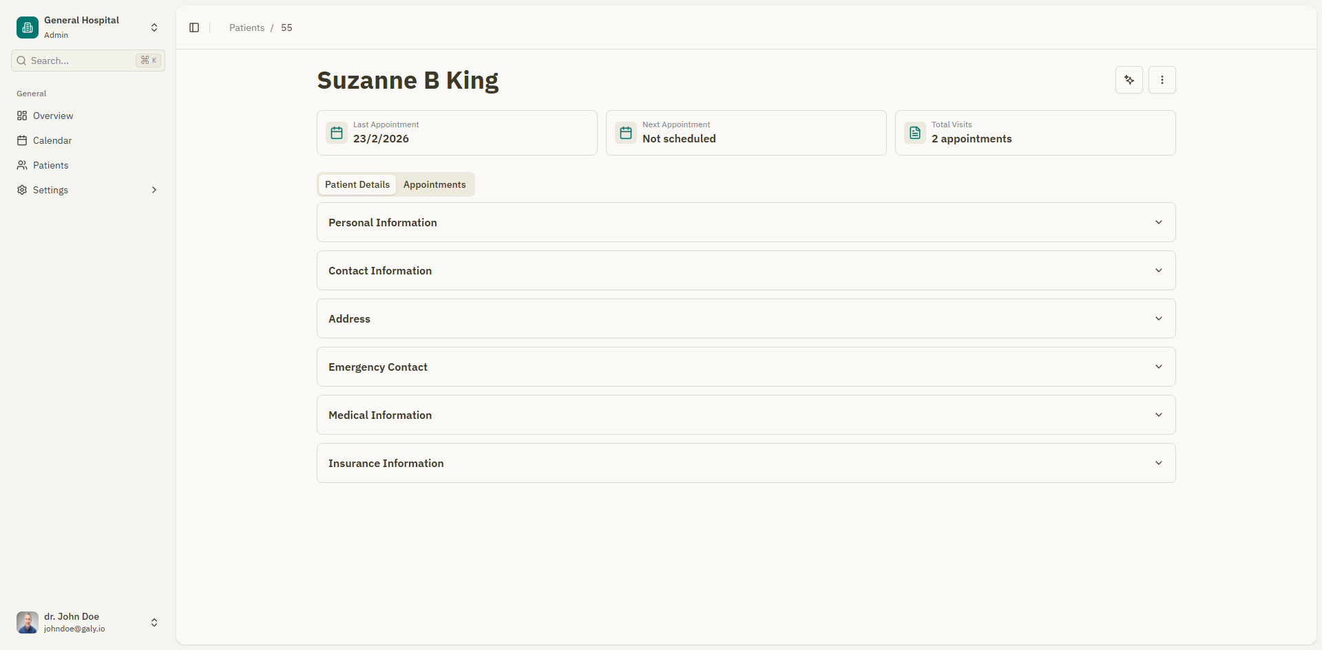 Patient details tab showing all sections