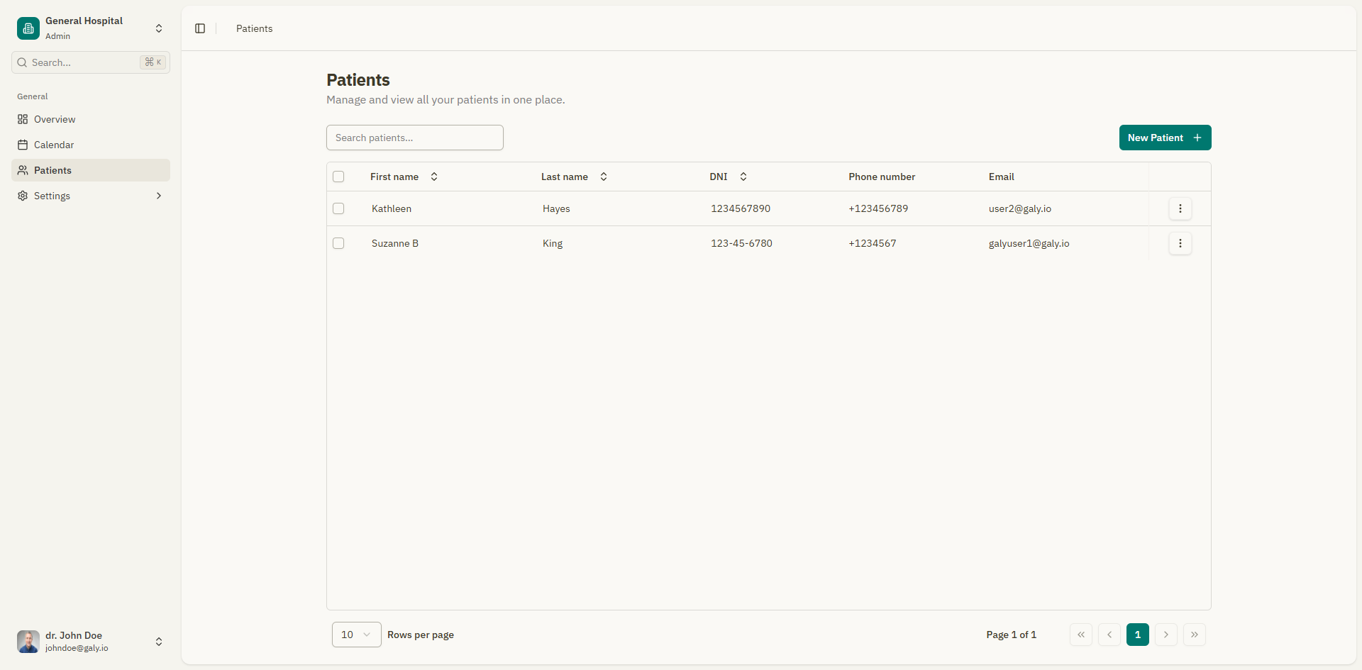 Patient list page with table and search bar
