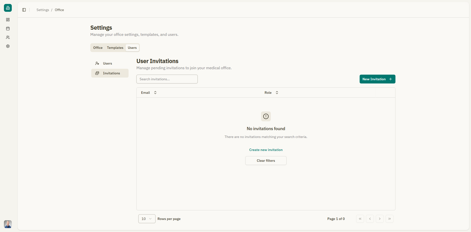 Screen: Invitations table with pending invitations