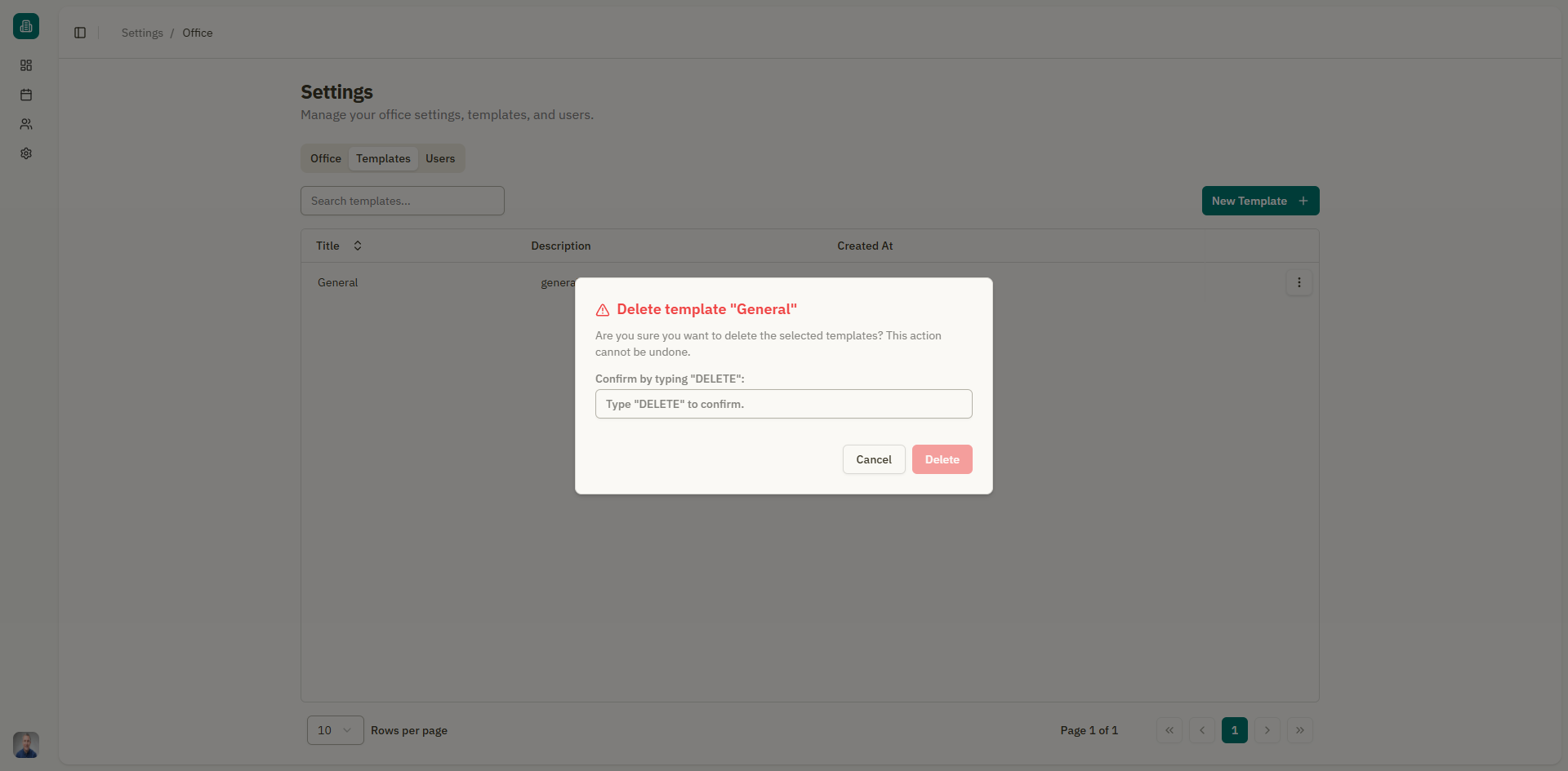 Screen: Delete template confirmation dialog