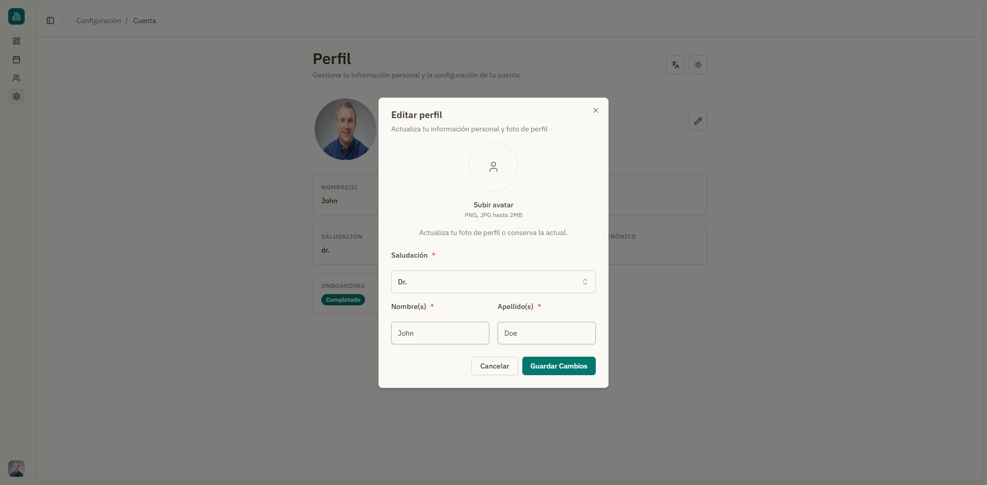 Captura: Modal de edicion de perfil en configuracion de cuenta
