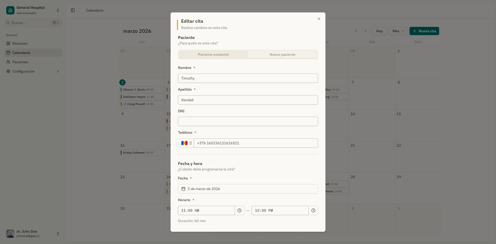 Captura: Formulario de editar cita con datos pre-llenados