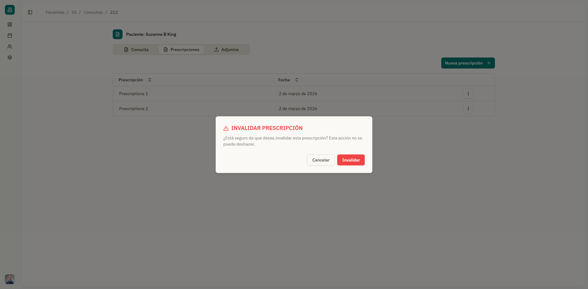 Captura: Confirmación de invalidación de prescripción