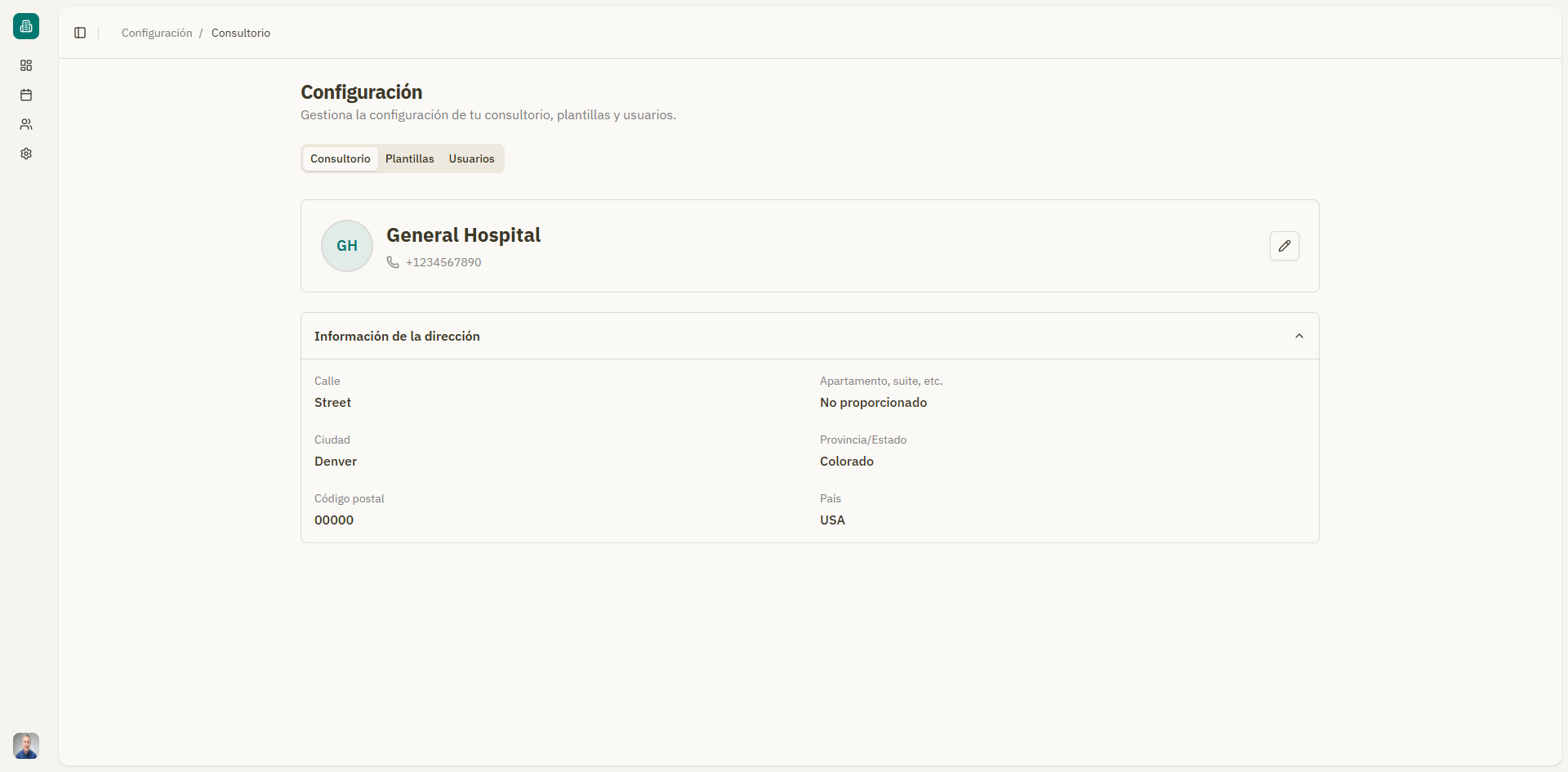 Captura: Formulario de configuracion del consultorio con informacion general y direccion