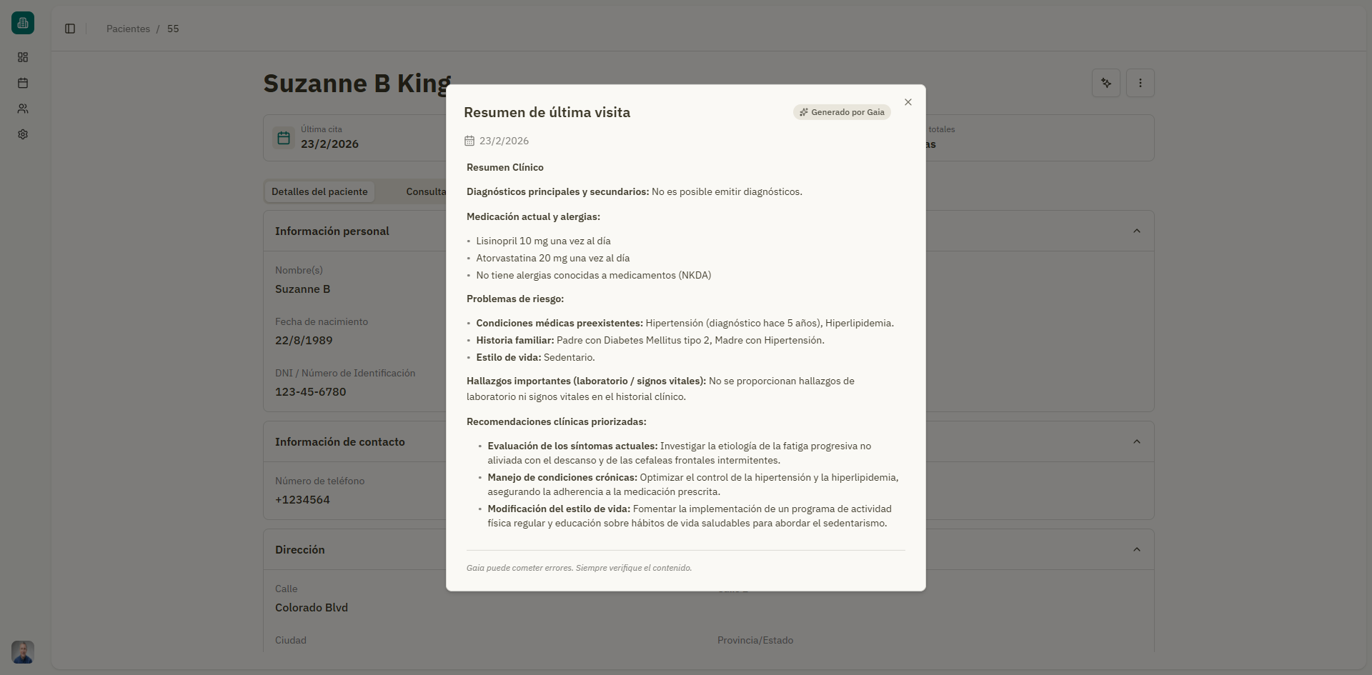 Seccion de resumen con IA en la pagina de detalles del paciente