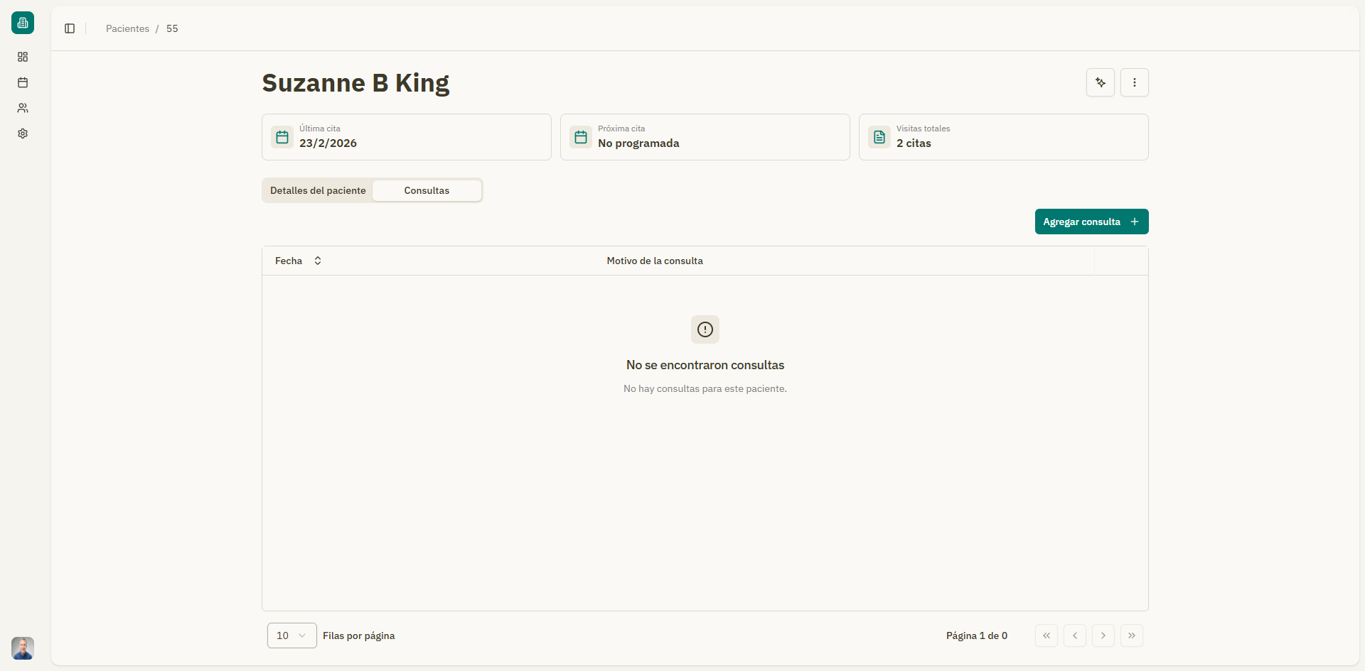 Pestana de citas del paciente con lista de citas