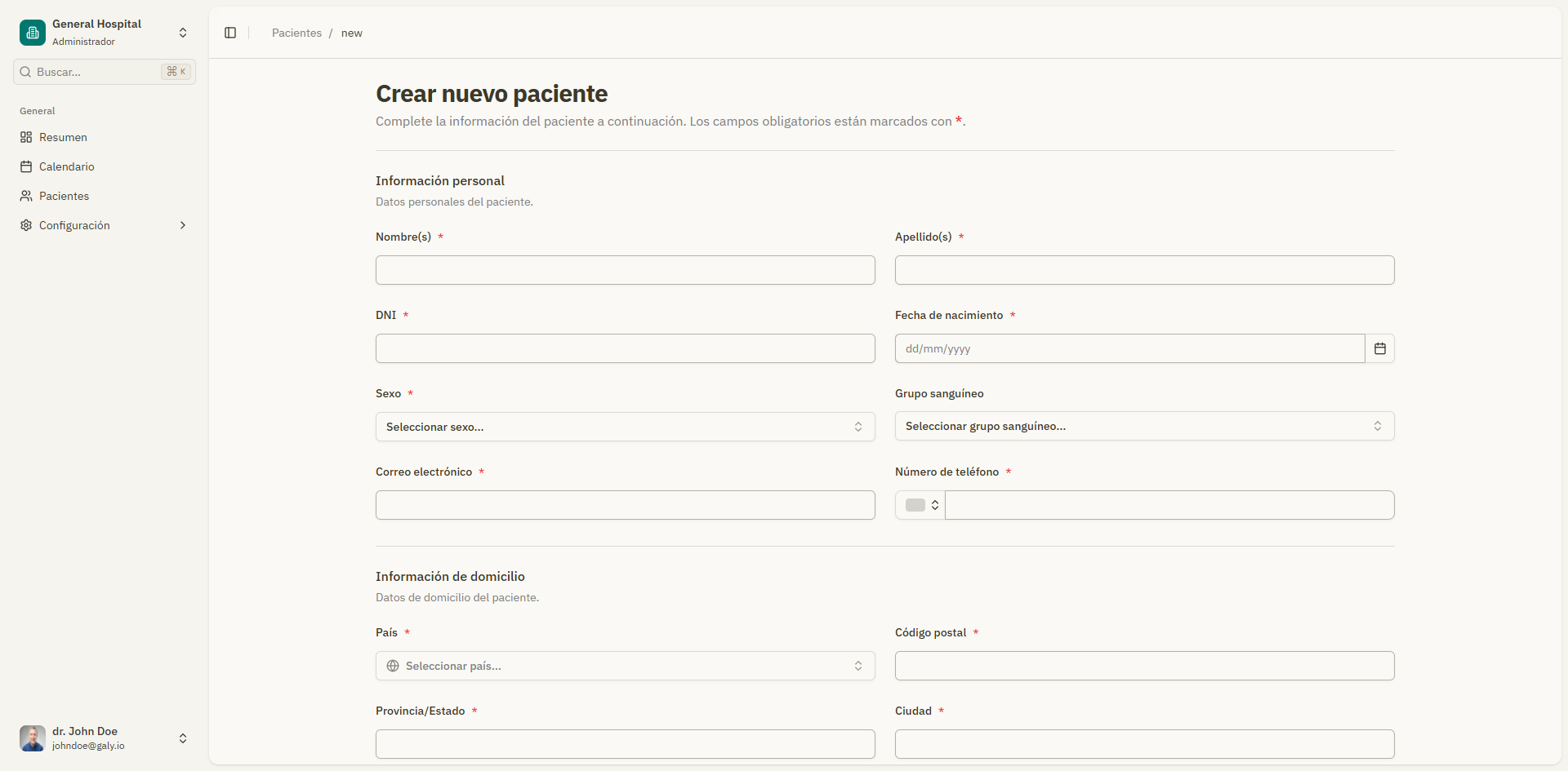 Formulario de creacion de paciente